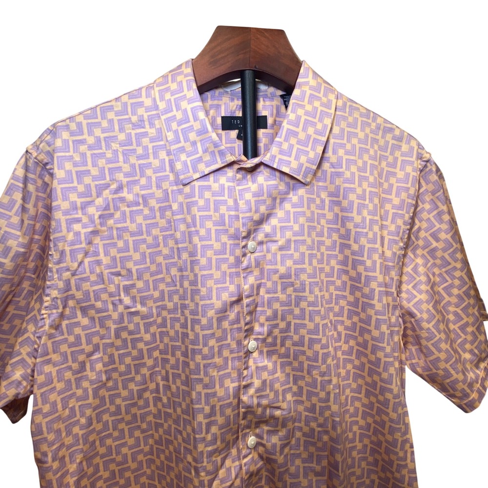 Ted Baker London Mens Geometric Maze Short Sleeve Button Up Shirt Purple Large